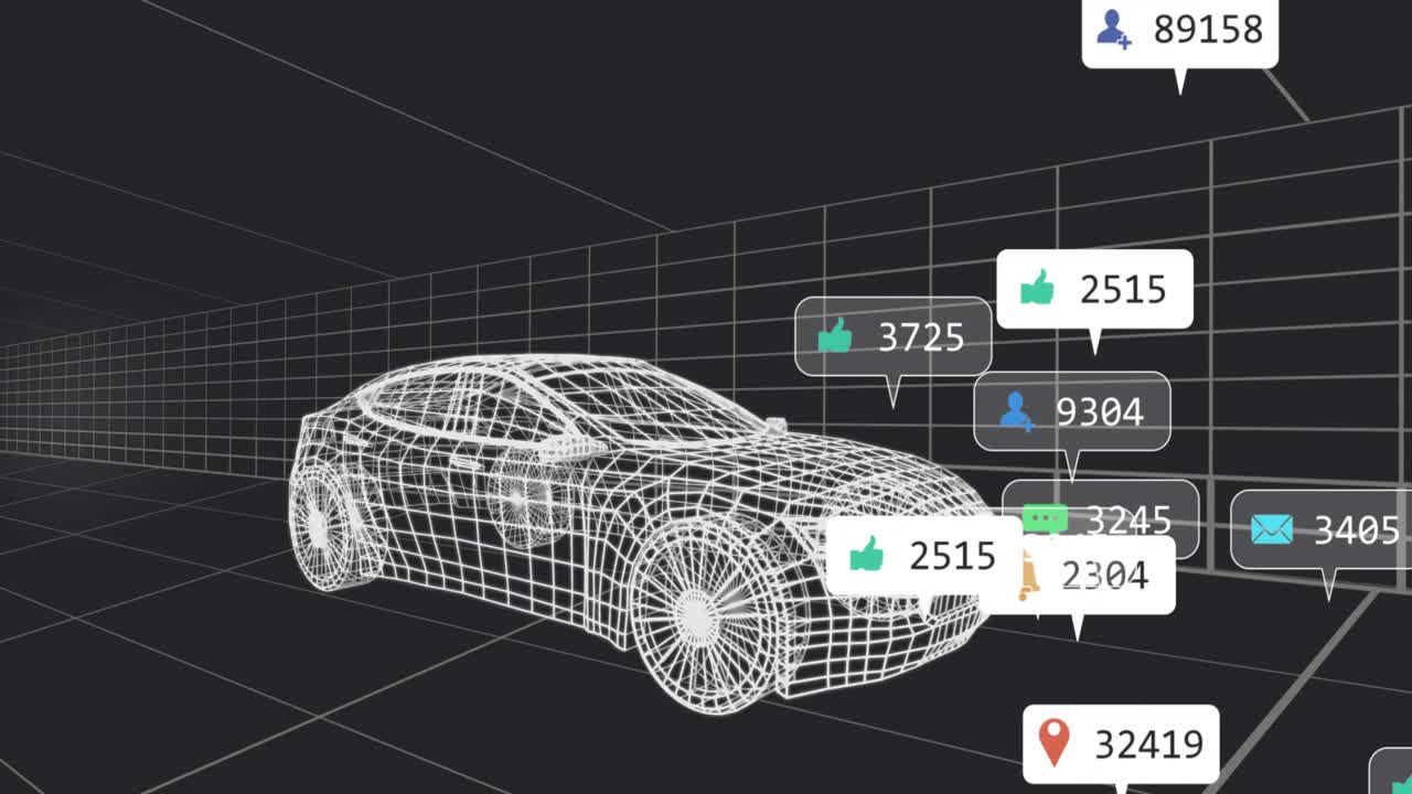 Wireframe sedan attracting icons entering left, clustering then dispersing to show engagement