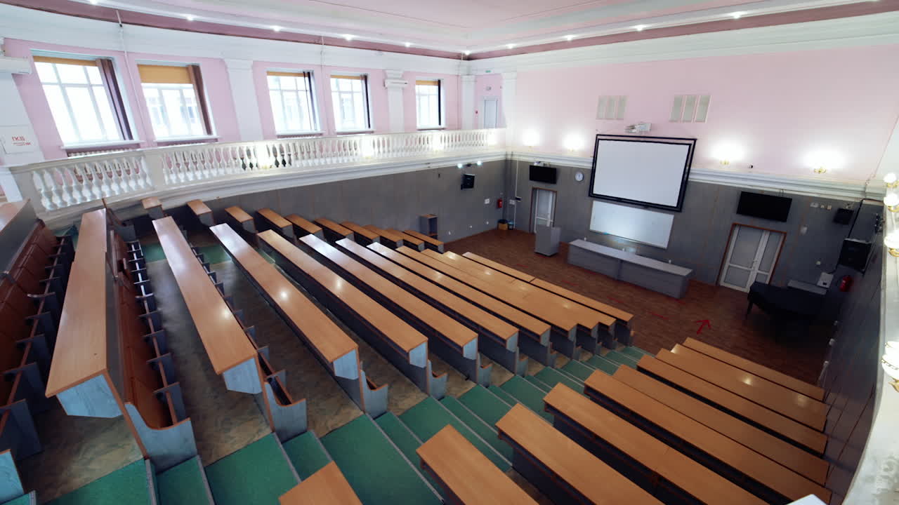 View of university classroom interior. Modern medical university with lecture hall