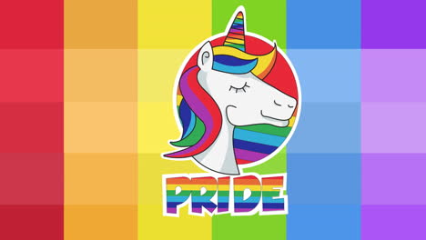 animación del texto del orgullo con unicornio sobre rayas de arco iris
