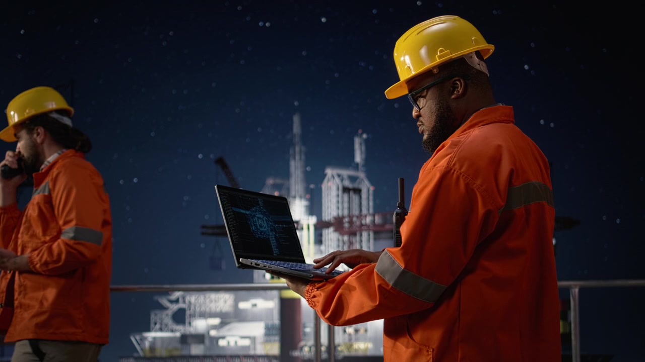 AI overvåger boreoperationer på offshore-platform, oliekrise og eksperter bruger bærbar computer.