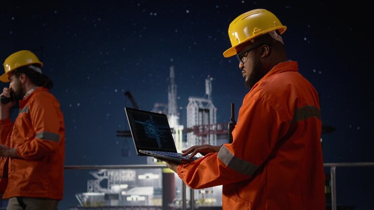 AI monitoring offshore rig drill operations, oil crisis and experts using laptop