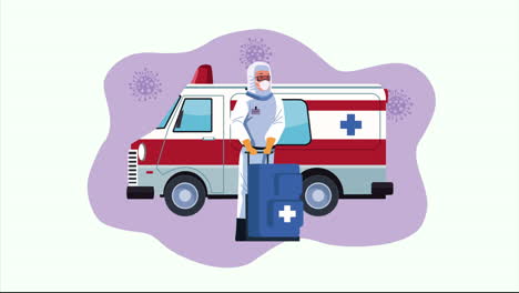 biosafety worker with medical equipment and ambulance covid19 control