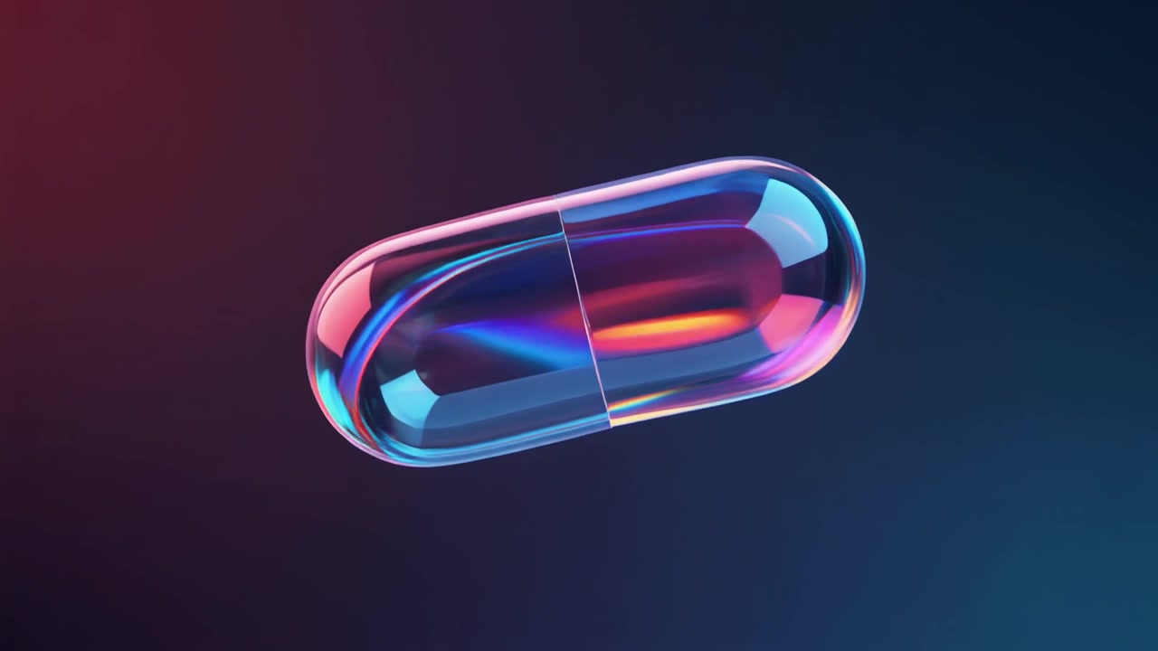 Capsula medica trasparente che fluttua in luce al neon astratta