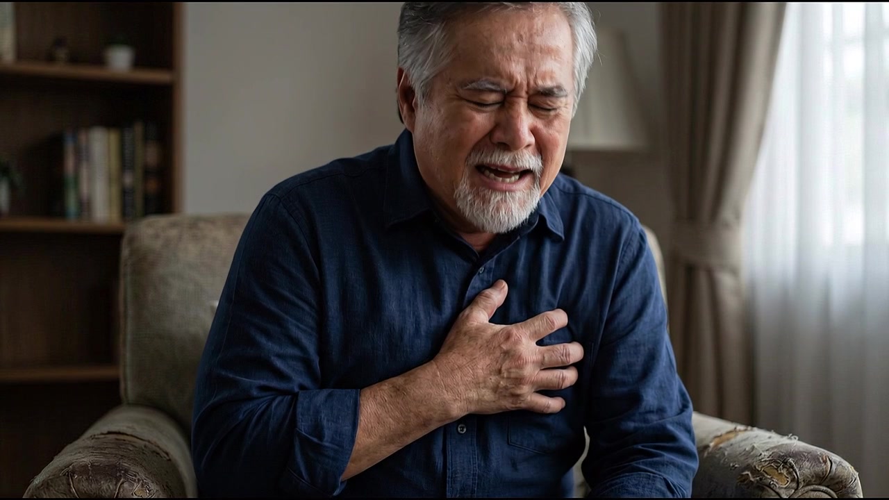 Mature man gripping chest during episode of pain while seated indoors