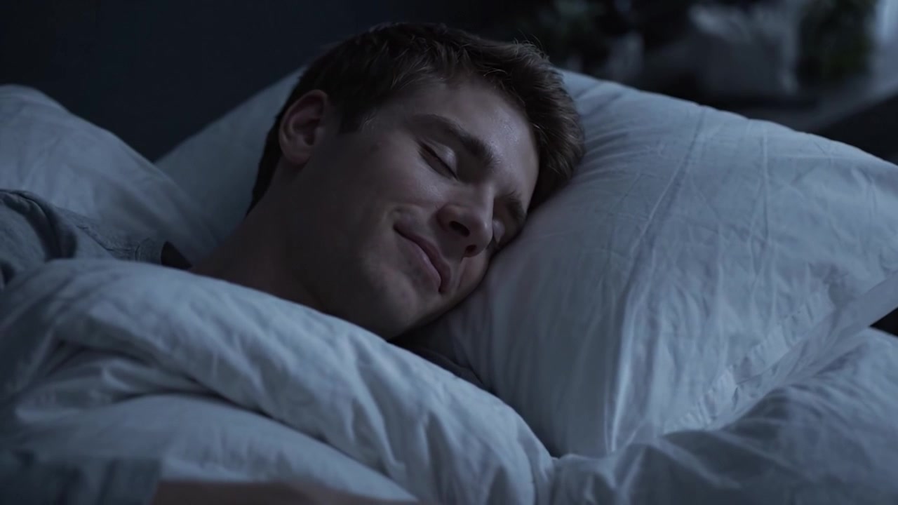 Un sonno pacifico: catturando momenti di sonno riposante in una camera da letto accogliente con illuminazione soffusa e un'espressione contenta sul volto di un giovane.