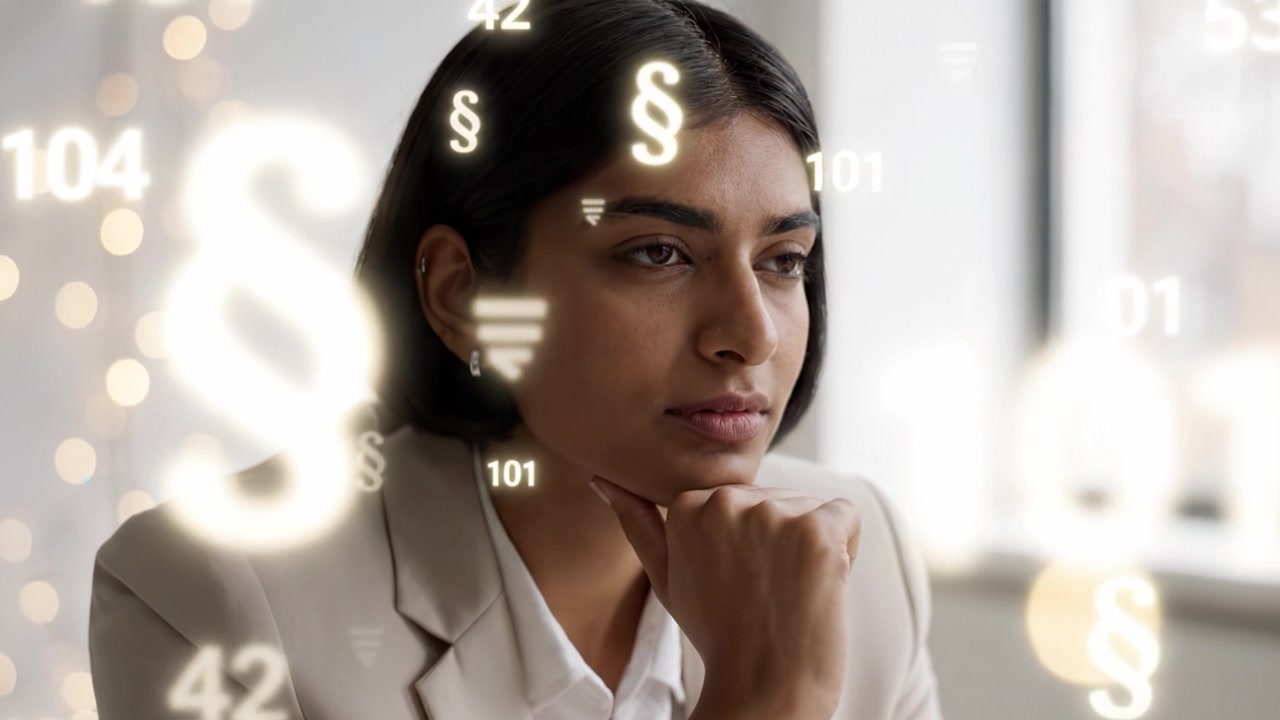 Reflective individual contemplating legal symbols and numbers amidst a blurred background, symbolizing deep thought about law, regulations, and financial matters.