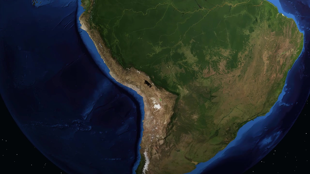 Satellite view zooms from space into South America, pinpointing La Paz, Bolivia with coordinates
