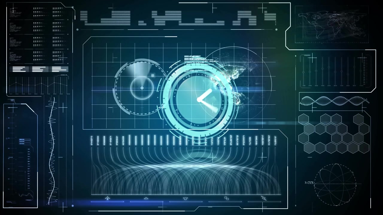 Animation of scope scanning with clock over data processing on black background