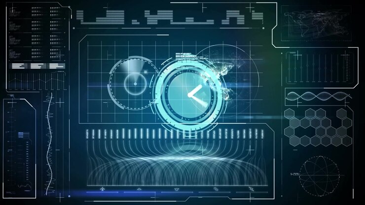 Animation of scope scanning with clock over data processing on black background