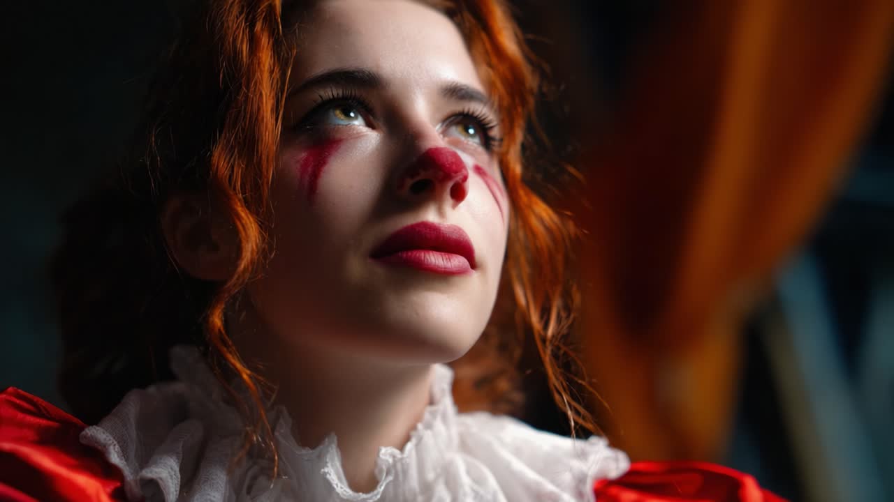 Un ritratto affascinante di un clown con capelli rosso fuoco e trucco teatrale che evoca emozioni di mistero e intrigo su uno sfondo colorato