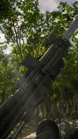 military artillery cannon in a forest setting