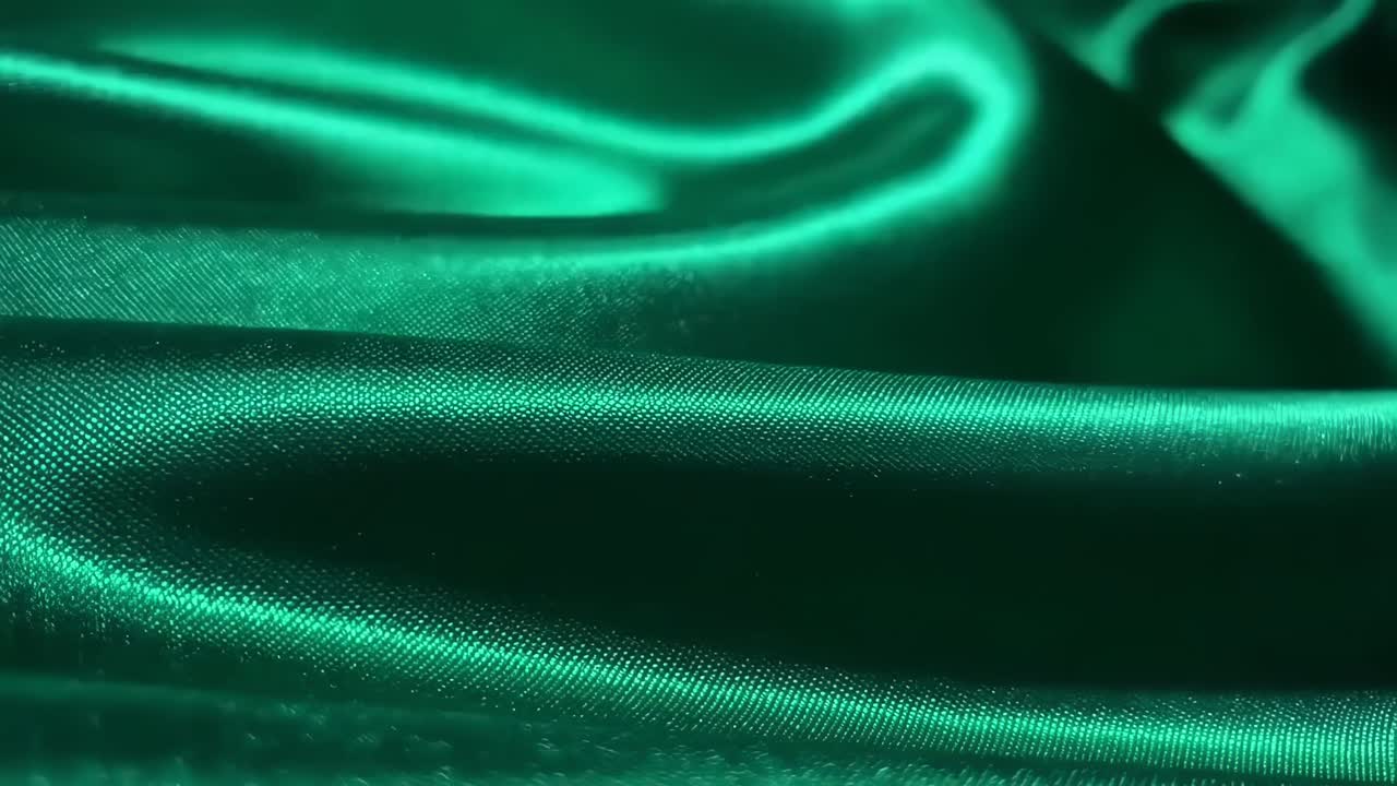 Video ravvicinato di un tessuto di seta verde smeraldo che cattura le texture lisce e le onde fluenti, Live