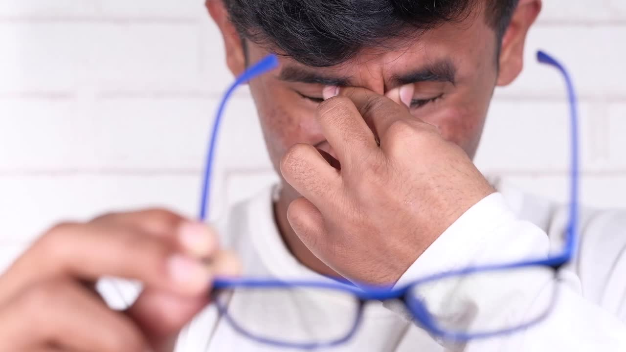 hombre con gafas y dolor en el ojo