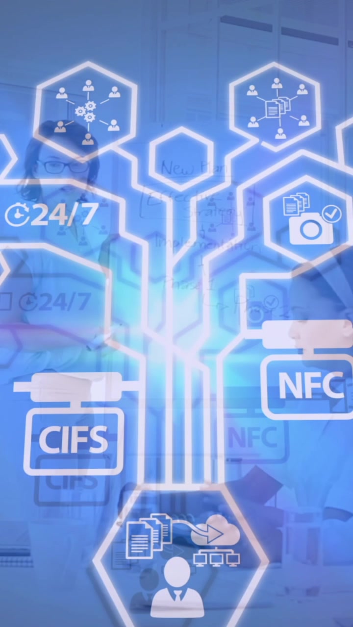 Animation of connections with icons and data processing over diverse business people