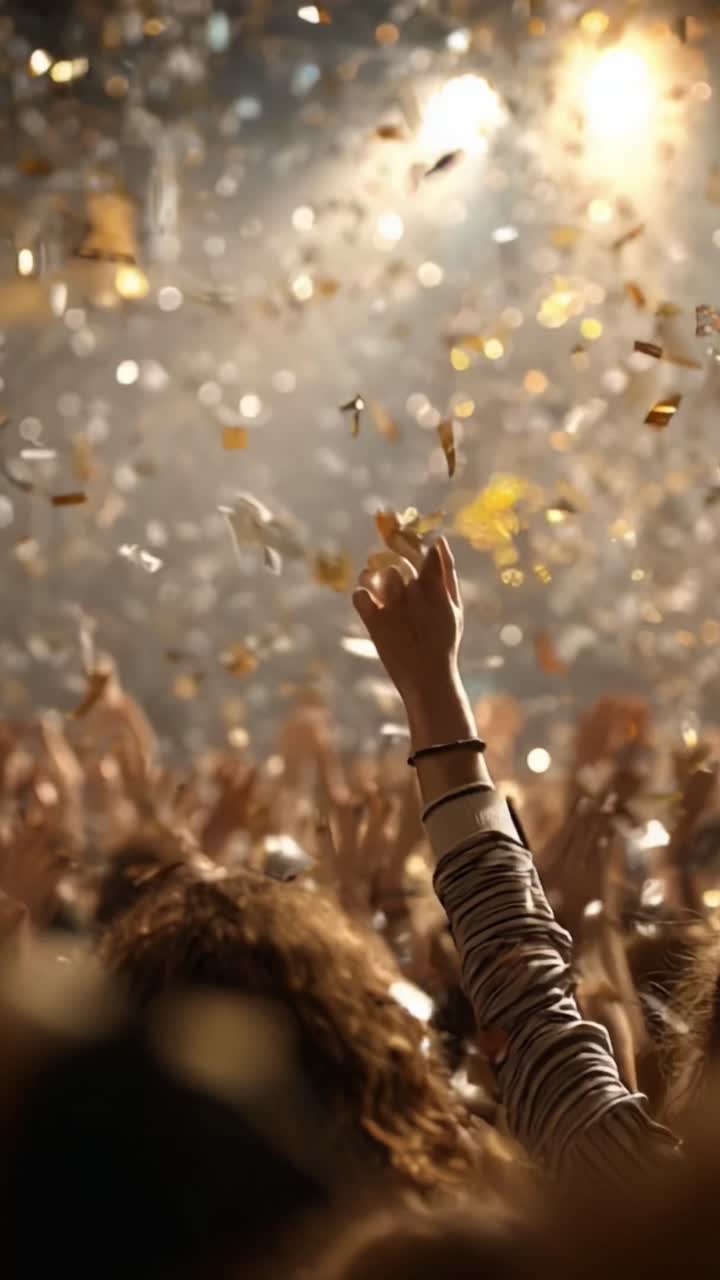 Una celebrazione di gioia e unità: folla entusiasta con le mani alzate tra glitter e coriandoli in un'atmosfera festosa