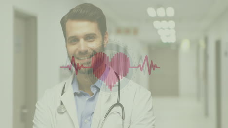 animation of beating heart and heartbeat symbol over smiling male doctor with stethoscope