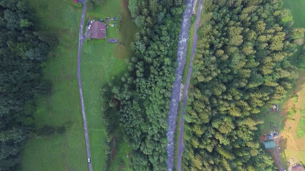 무성한 녹색 고산 계곡 위의 항공 영상