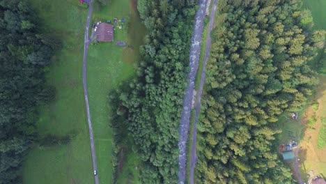 Aerial-footage-over-a-lush-green-alpine-valley