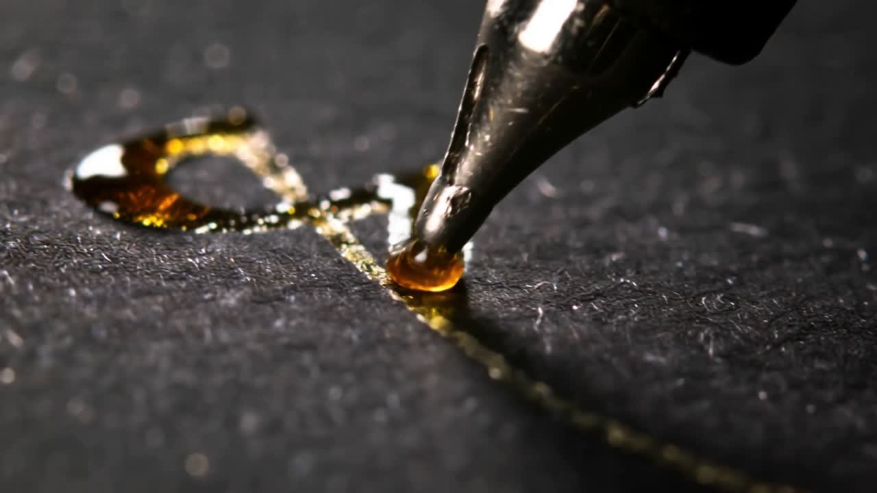 Formando una gocciolina, un pennino metallico deposita inchiostro dorato, tracciando un anello su carta nera da studio che collega una guida punteggiata.