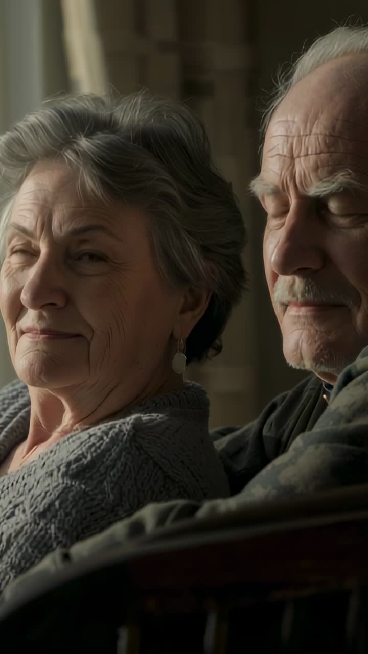 Vídeo vertical: casal de idosos relaxando no sofá enquanto a luz da janela atrai o homem em direção à mulher, usando cardigã