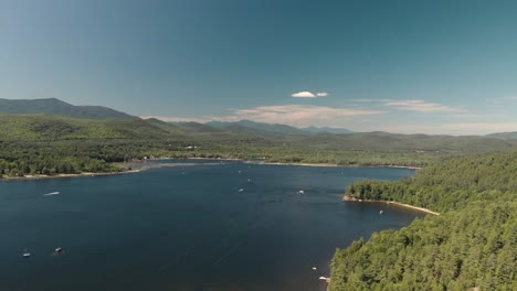 aerial drone view over adirondack lake in the summer