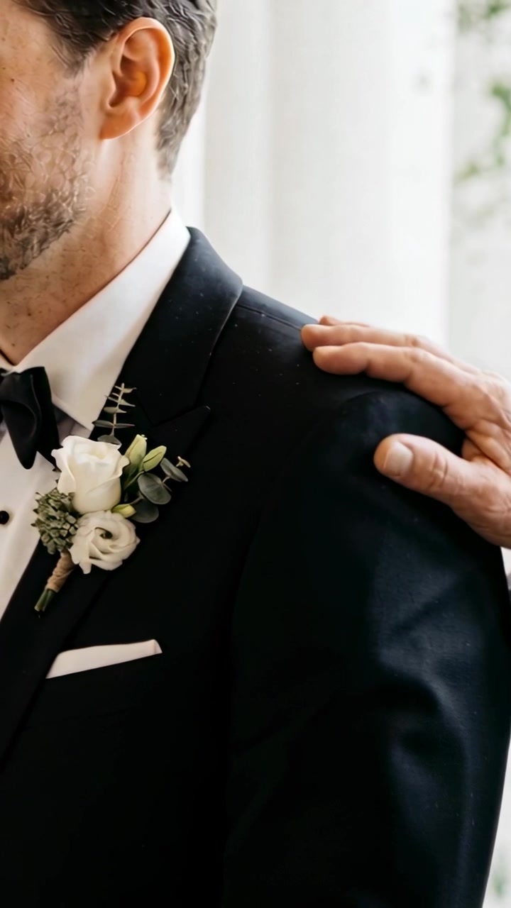 Video vertical: Hombre mayor colocando la mano en el prendedor de solapa del esmoquin del novio en una boda, brindando apoyo.