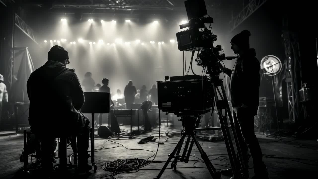 Černobílá scéna z video produkce s bočním úhlem. Štáb a vybavení připravené na pódiu
