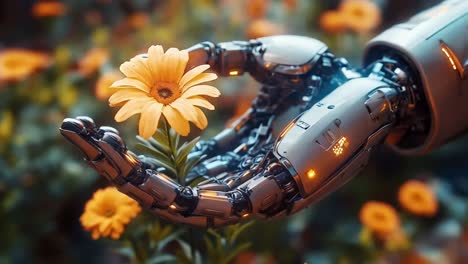 robot hand holding a yellow flower