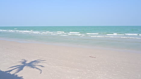 White-sand-beach-with-Palm-tree-shadow-on-the-sand-and-crashing-sea-waves-in-Maldives