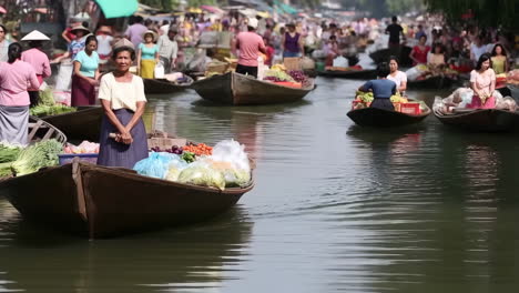 a bustling floating market with vendors selling fresh produce from their boats