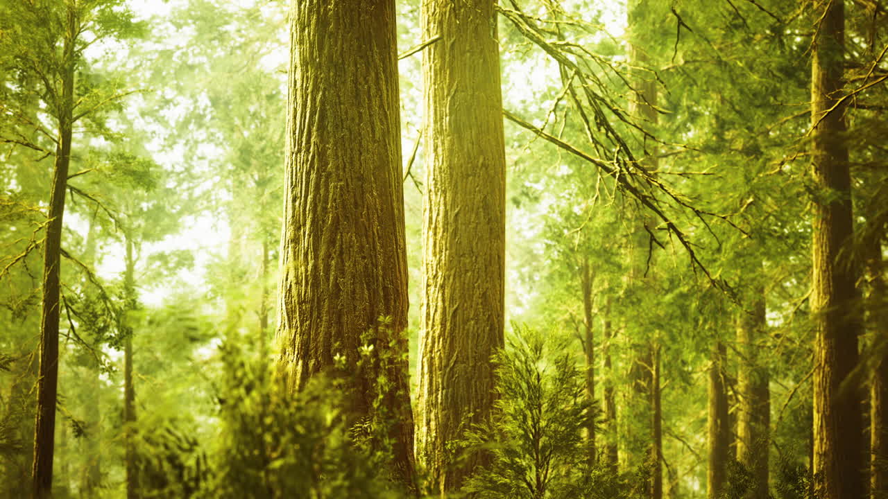 Lush green forest with towering trees illuminated by sunlight in daylight