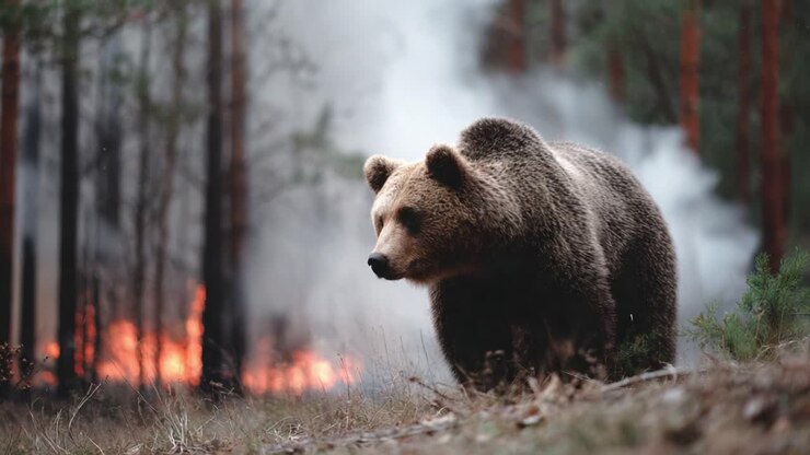 A majestic brown bear strides through a smoke-filled forest, showcasing the beauty of wildlife amidst the backdrop of a forest fire, highlighting nature's resilience and the bear's grace