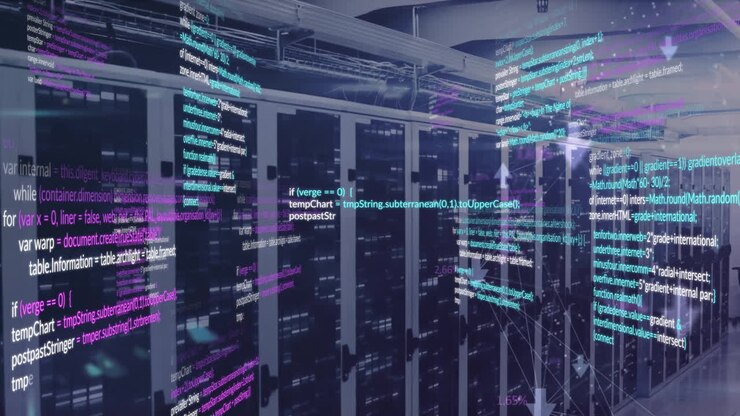 Animation of computer language and connected arrow icons over data server room