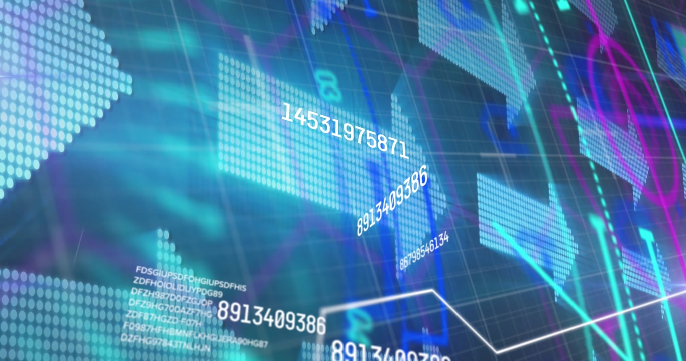 Animation of data processing and statistics over grid on blue background