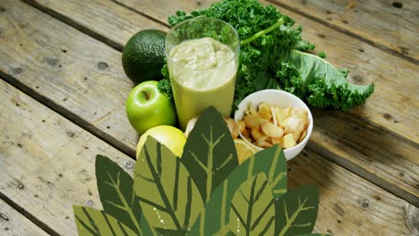 animation of leaf icons over vegetables and healthy drink