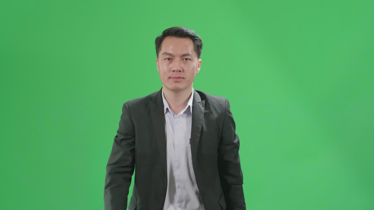 Asian Business Man Walking On Green Screen Chroma Key