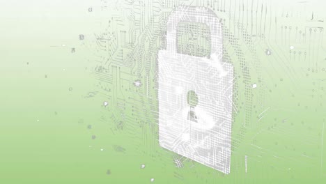 Animation-of-data-processing-and-online-security-padlock-on-green-background