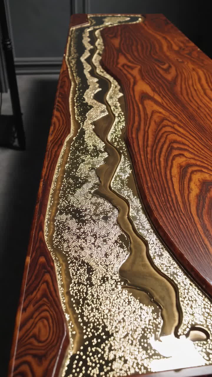 Elegant Wooden Table with Metallic Resin River Inlay