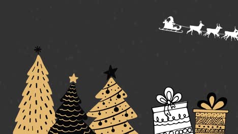 animación de árbol de navidad y santa en trineo con renos sobre fondo negro