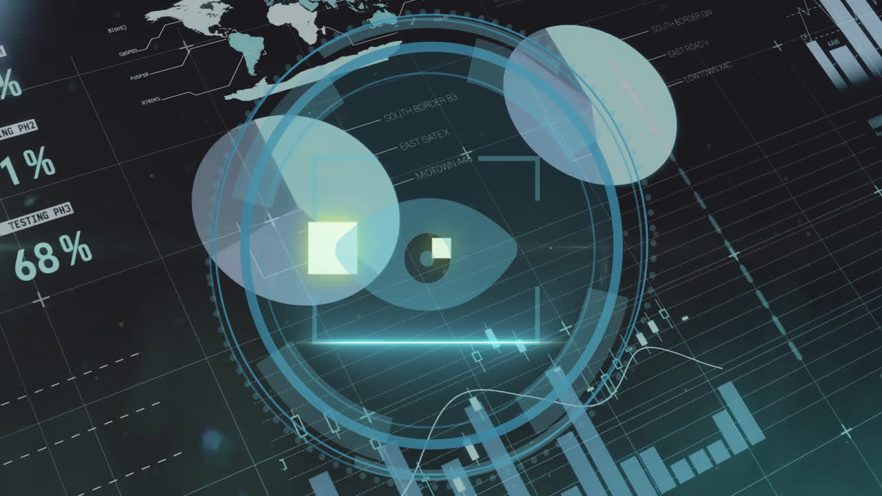 animación de texto de ciberseguridad y procesamiento de datos sobre un fondo oscuro