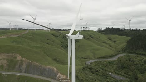 drone shot of wind turbine in new zealand wind farm