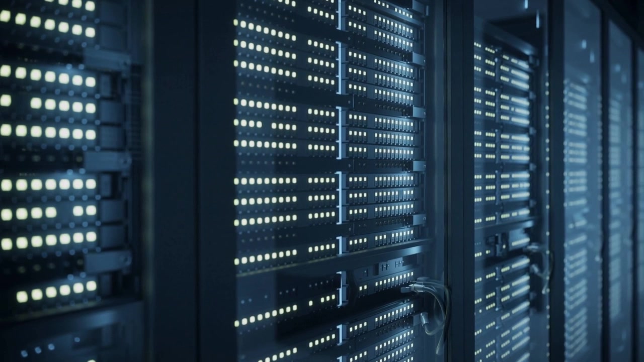 Glidende kamera langs serverracks afslører blinkende LED'er og kabler i et datacenter