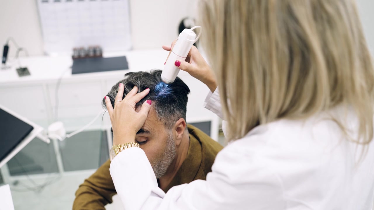 Dermatologo che esamina il cuoio capelluto del paziente con un tricoscopio digitale in clinica