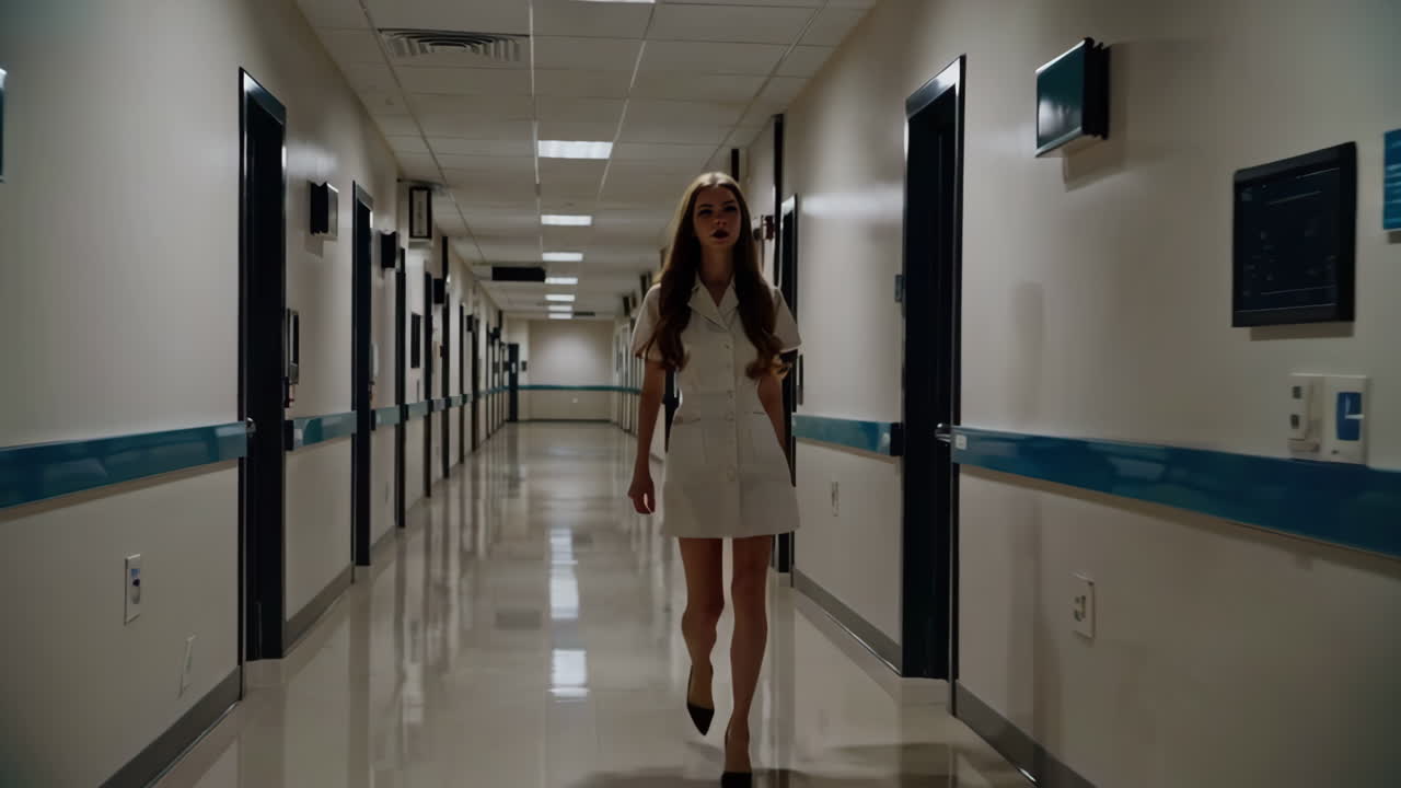 enfermera caminando por un pasillo del hospital