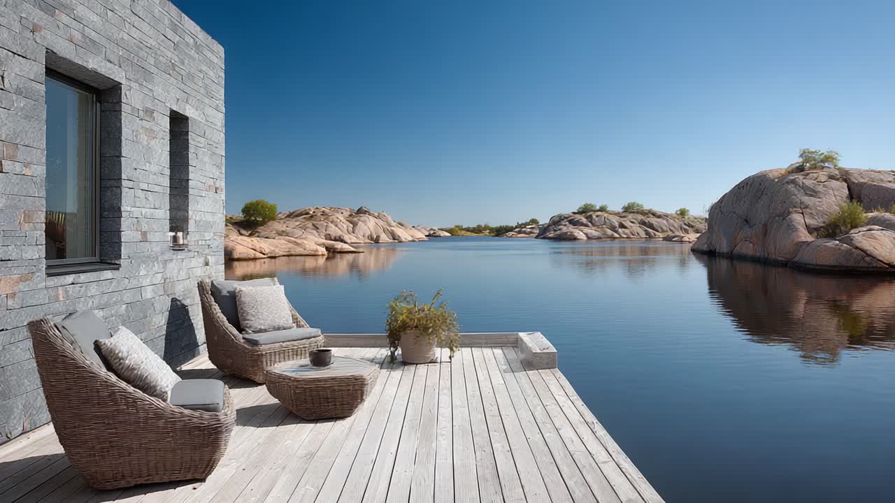 Serene Waterfront Retreat: A Tranquil Lakeside Scene with Comfortable Seating and Scenic Rock Formations Under Clear Blue Skies