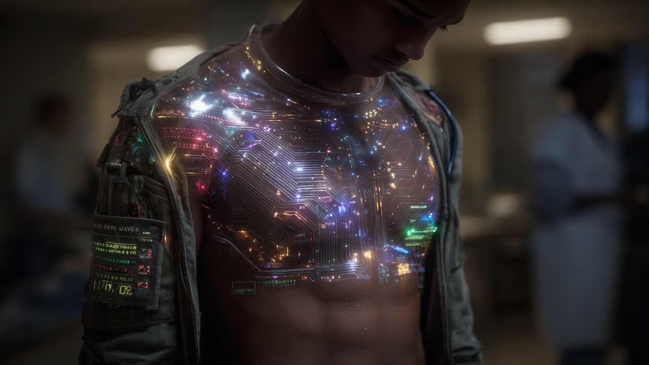 A Futuristic Transformation: A Young Individual with a Luminescent Circuitry Display Embedded in Their Skin, Merging Technology and Humanity in a Captivating Vision