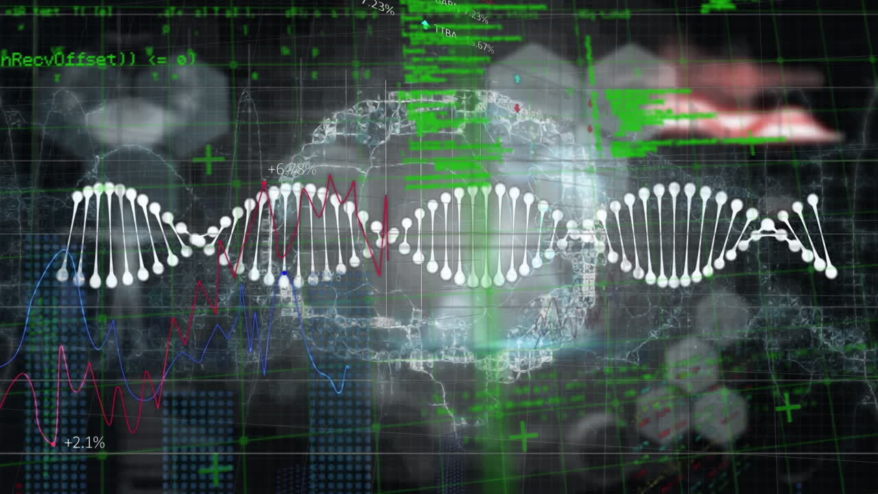 animación de estructuras de adn y icono de cerebro humano girando contra el procesamiento de datos.