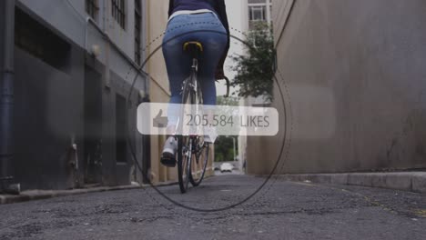 animation of social media like notification over african american woman riding bike in street