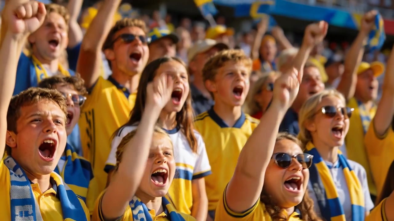 Aficionados con camisetas amarillo-azules reaccionando a una jugada clave, animando, levantando los brazos y agitando bufandas en el estadio.