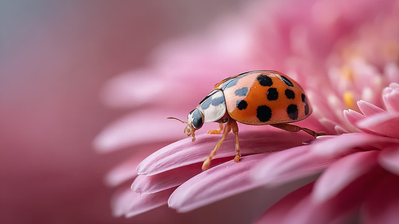 A Close-Up Encounter with a Vibrant Ladybug on a Delicate Pink Flower Petal, Capturing Nature's Intricate Beauty and Colorful Details in Macro Photography